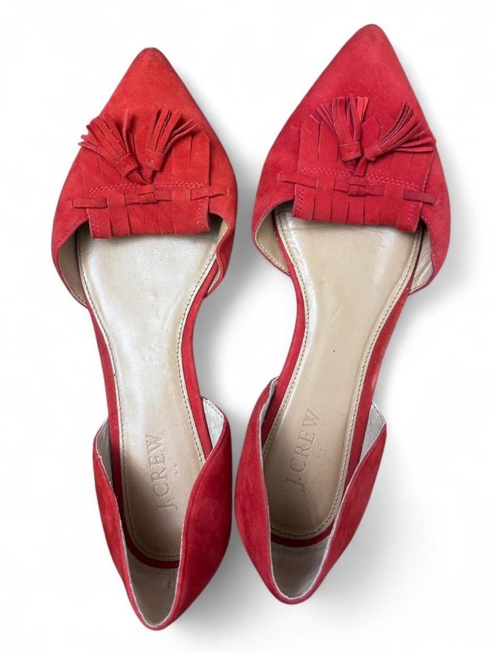 J.Crew Red Suede D’Orsay Loafer Flats Pointed Toe Tassel Fringe Size 8